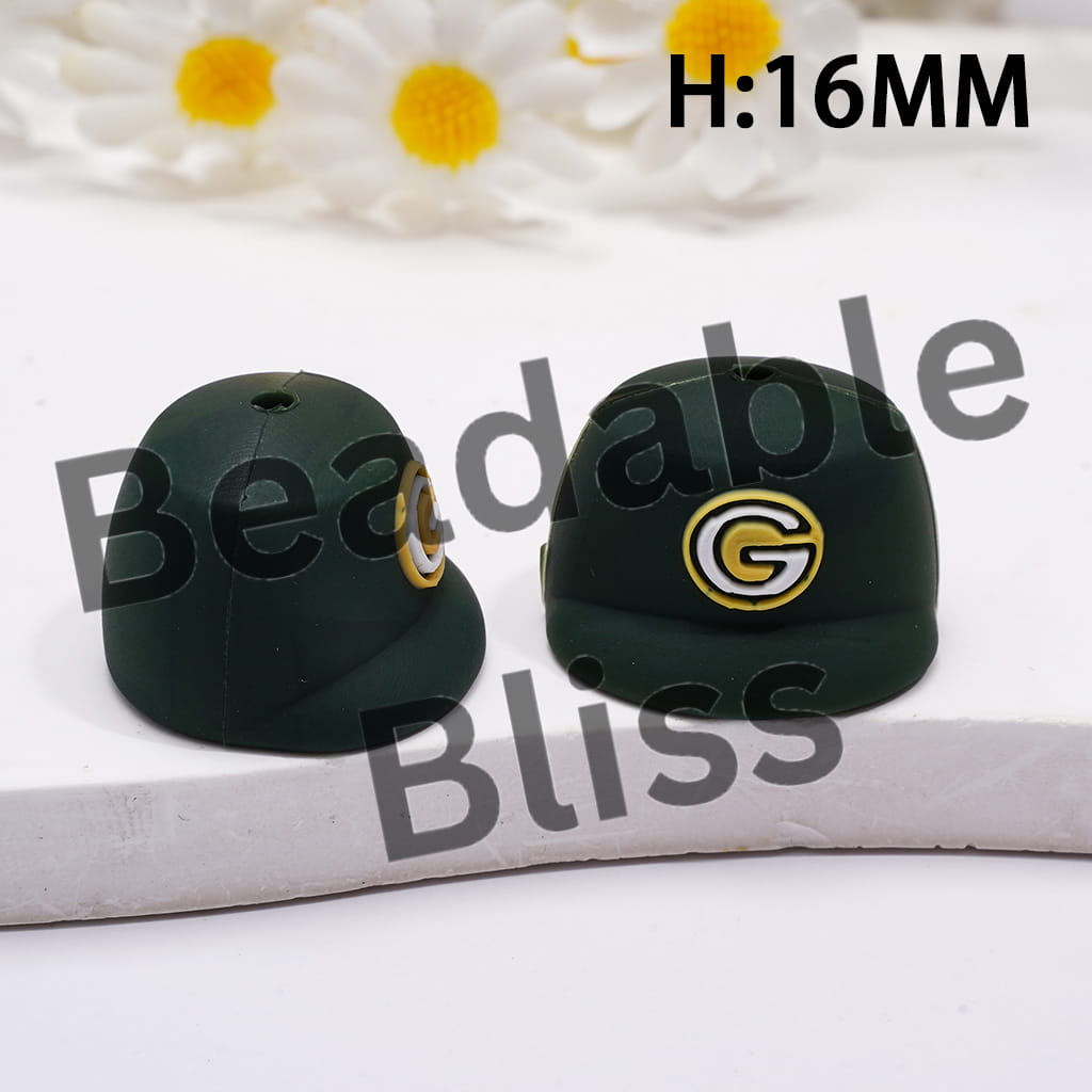 Silicone Focal Beads 3D Olive Green Baseball Cap with American Football Green Bay Team Print