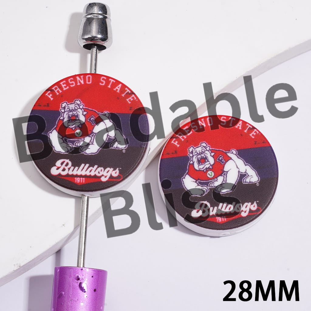 Silicone Focal Beads with USA Fresno State University Football Team Bulldog Pattern, Flat Round Shape