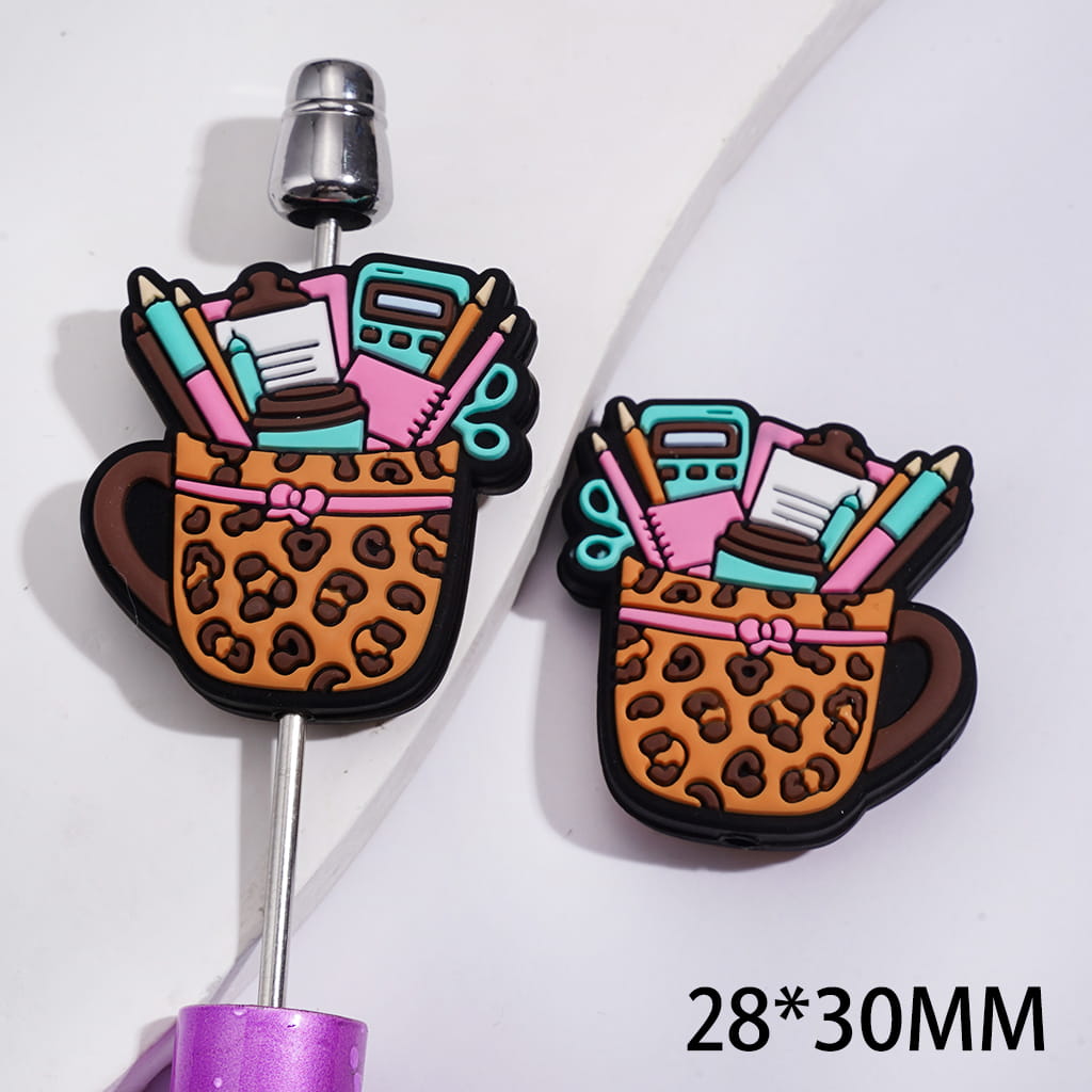 Silicone Focal Beads Leopard Mark Tea Coffee Cup with Pens Notebook Scissor Calculator