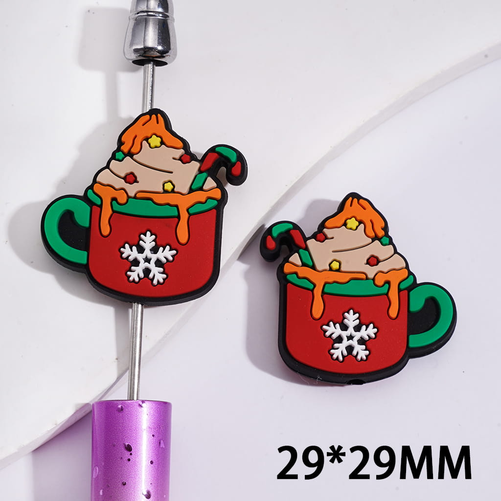 Silicone Focal Beads Christmas Ice-Cream Mark Mug Cup with Candy Cane and White Snowflake