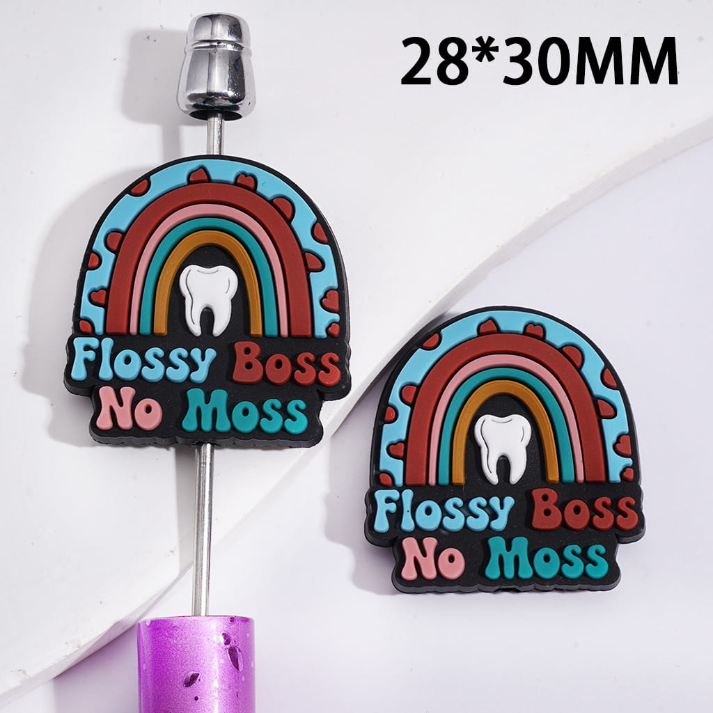 Silicone Focal Beads Rainbow and White Tooth on Text "Flossy Boss No Moss"