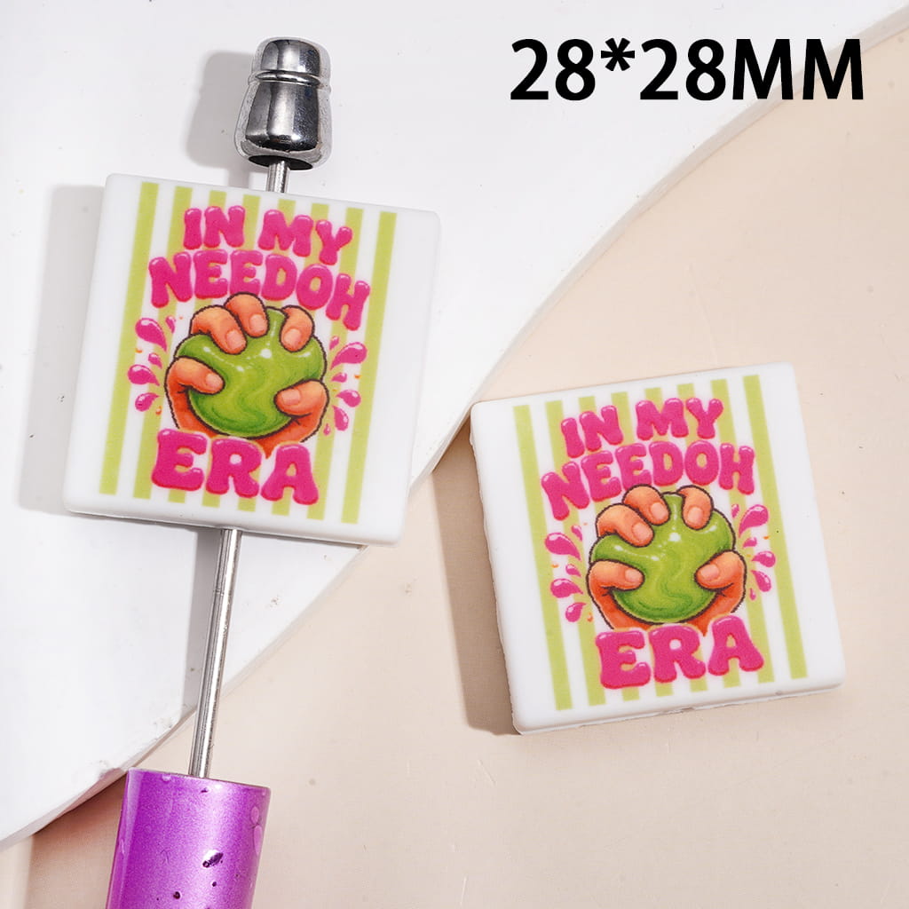 Silicone Focal Beads with Hand Taking Green Vent Ball and Text "IN MY NEEDOH ERA", Flat Round Shape