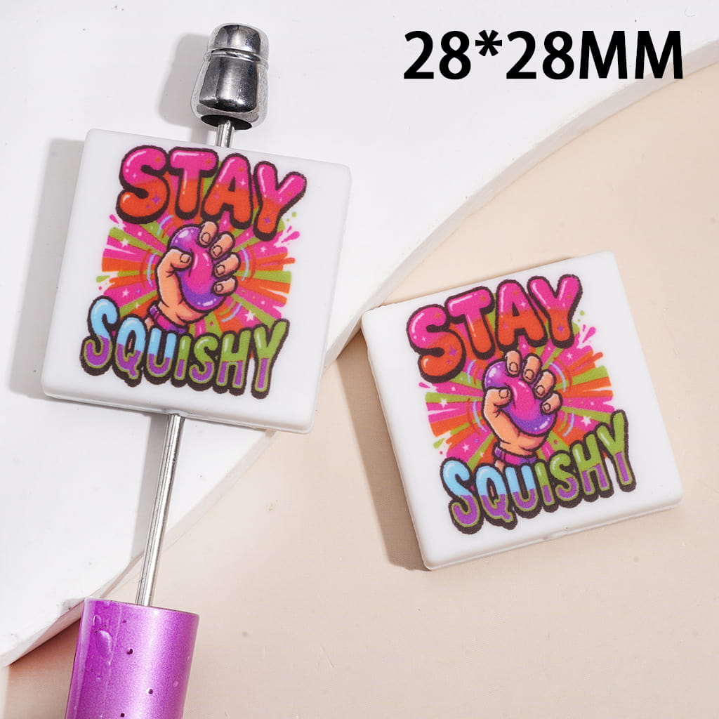 Silicone Focal Beads with Text "STAY SQUISHY" and Hand Taking Purple Vent Ball, Flat Round Shape
