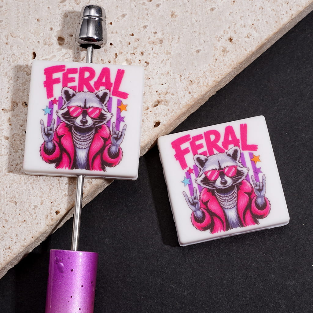 Silicone Focal Beads w FERAL Text, Cartoon Raccoon in Pink Coat & Rock & Roll Gesture Design, Flat Square Shape
