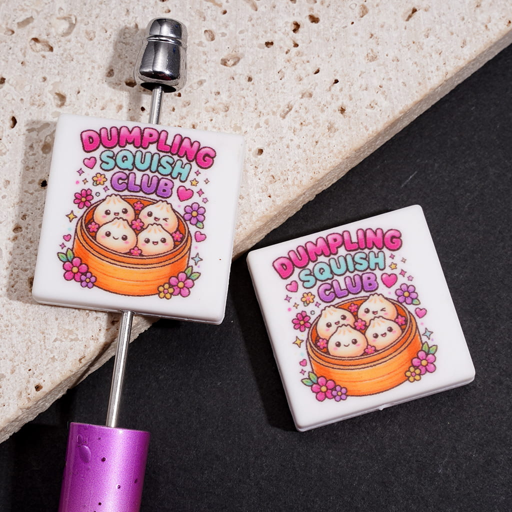 Silicone Focal Beads w "DUMPLING SQUISH CLUB" Text, Steamed Dumplings in Bamboo Basket, Flat Square Shape