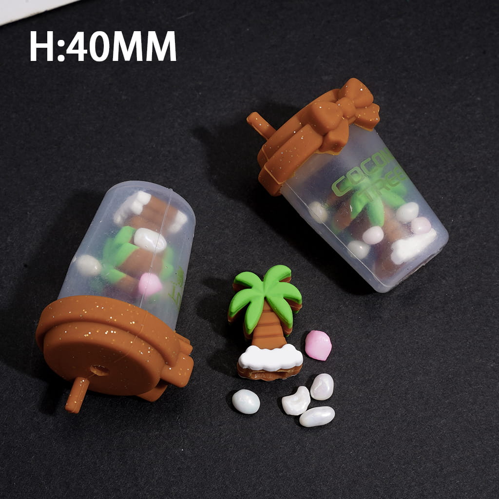 Silicone Focal Beads w Coconut Tree Milk Tea Cup & Stone Shaker Design, Height 40MM