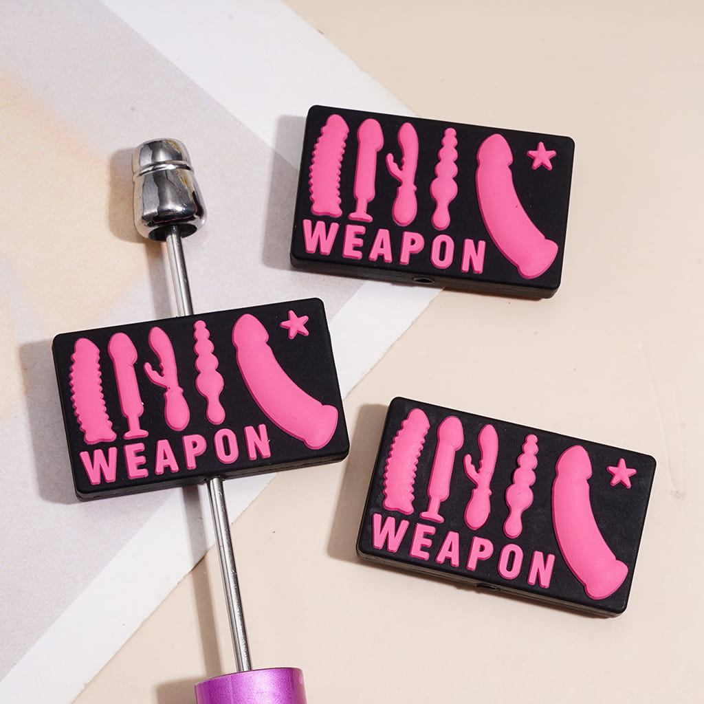 Pink Text "WEAPON" on Black Background Silicone Focal Beads, Flat Rectangle Shape