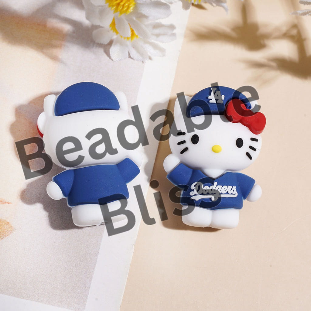 Cut Cat Character with Blue Hat and Red Bow Silicone Focal Beads