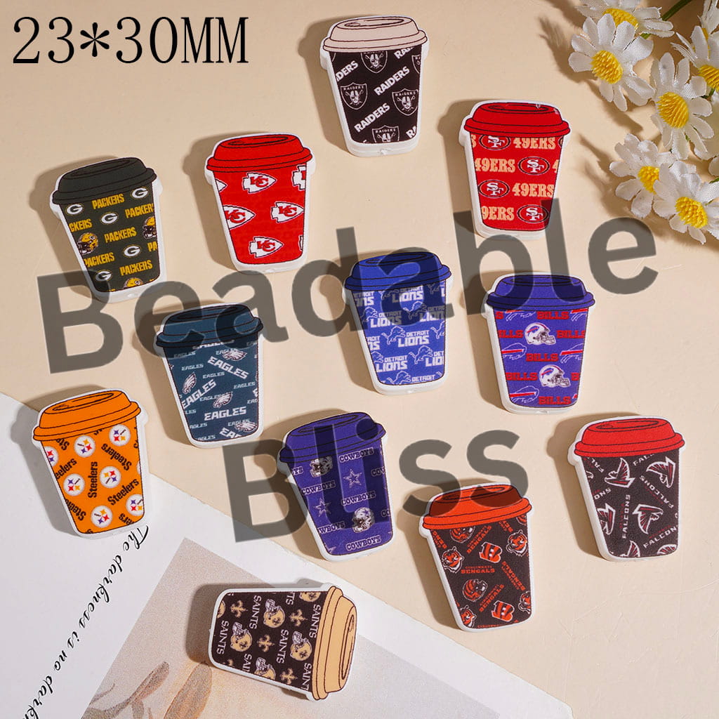 American Football Coffee Cup Silicone Focal Beads, 23*30MM, Assorted Team, Random Mix