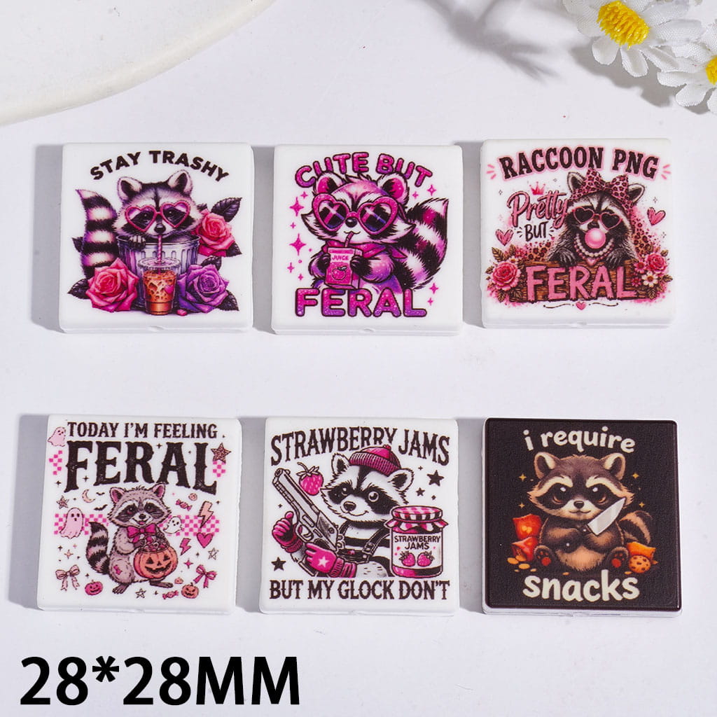 Silicone Focal Beads Raccoon in Pink Black Series, Flat Square Shape, Random Mix