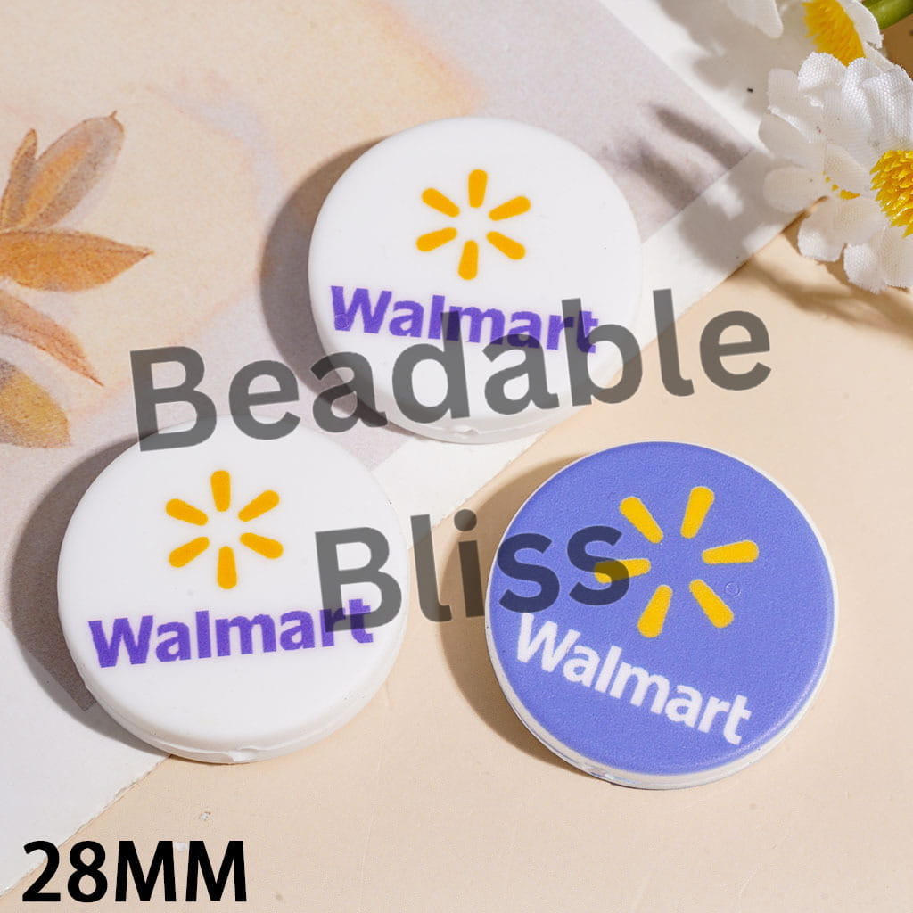 Famous Supermarket Series Silicone Focal Beads, Flat Round Shape, 28MM White Blue Random Mix