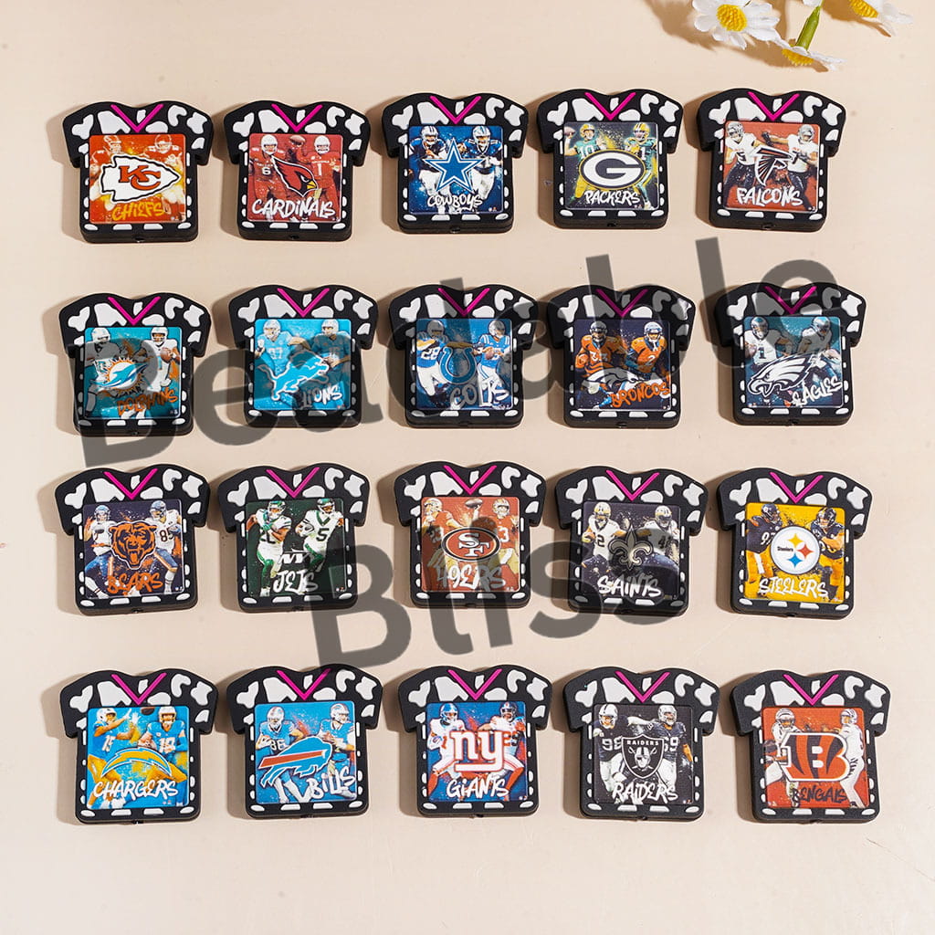 Silicone Focal Beads Football Sports Series Soccer Shirt Jersey with Cow Print, Random Mix