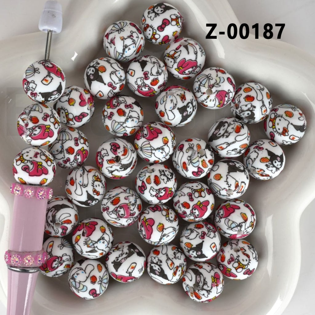 Cute Adorable Cat Character Round Printed Silicone Beads 15mm, Number Z-00187