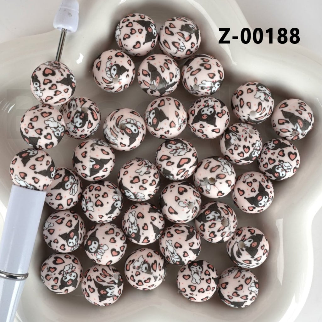 Cute Pink Heart Adorable Character Round Printed Silicone Beads 15MM, Number Z-00188