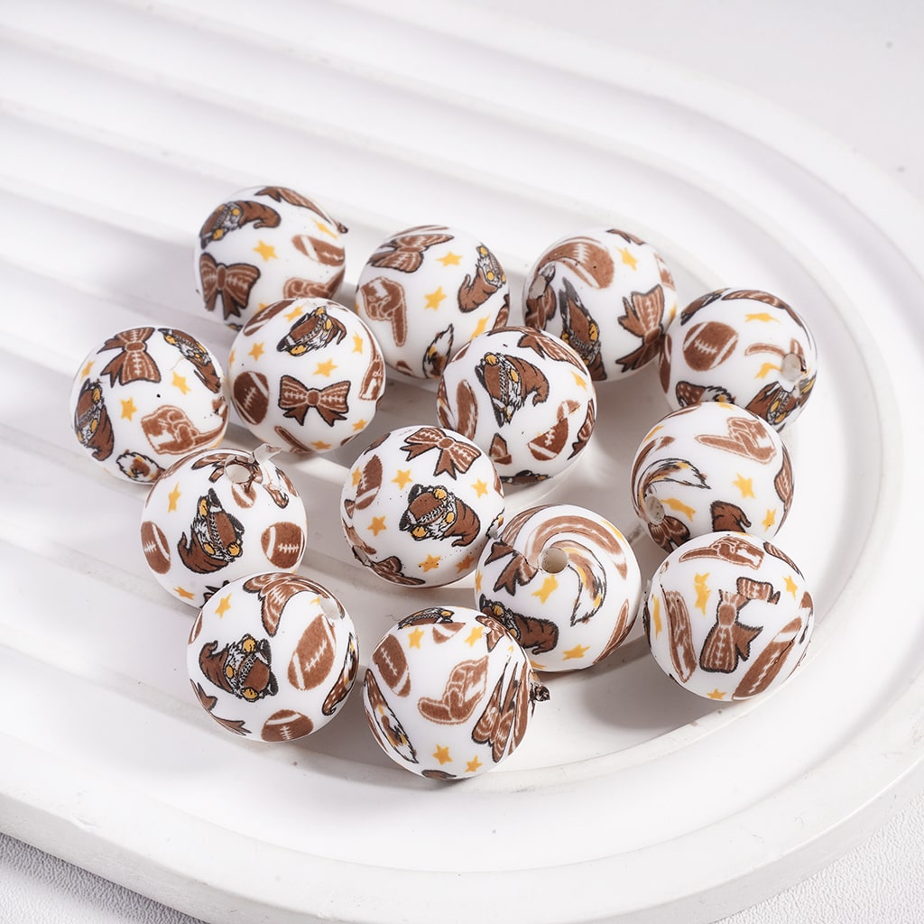 Silicone Focal Beads with American Football Prints, 15MM