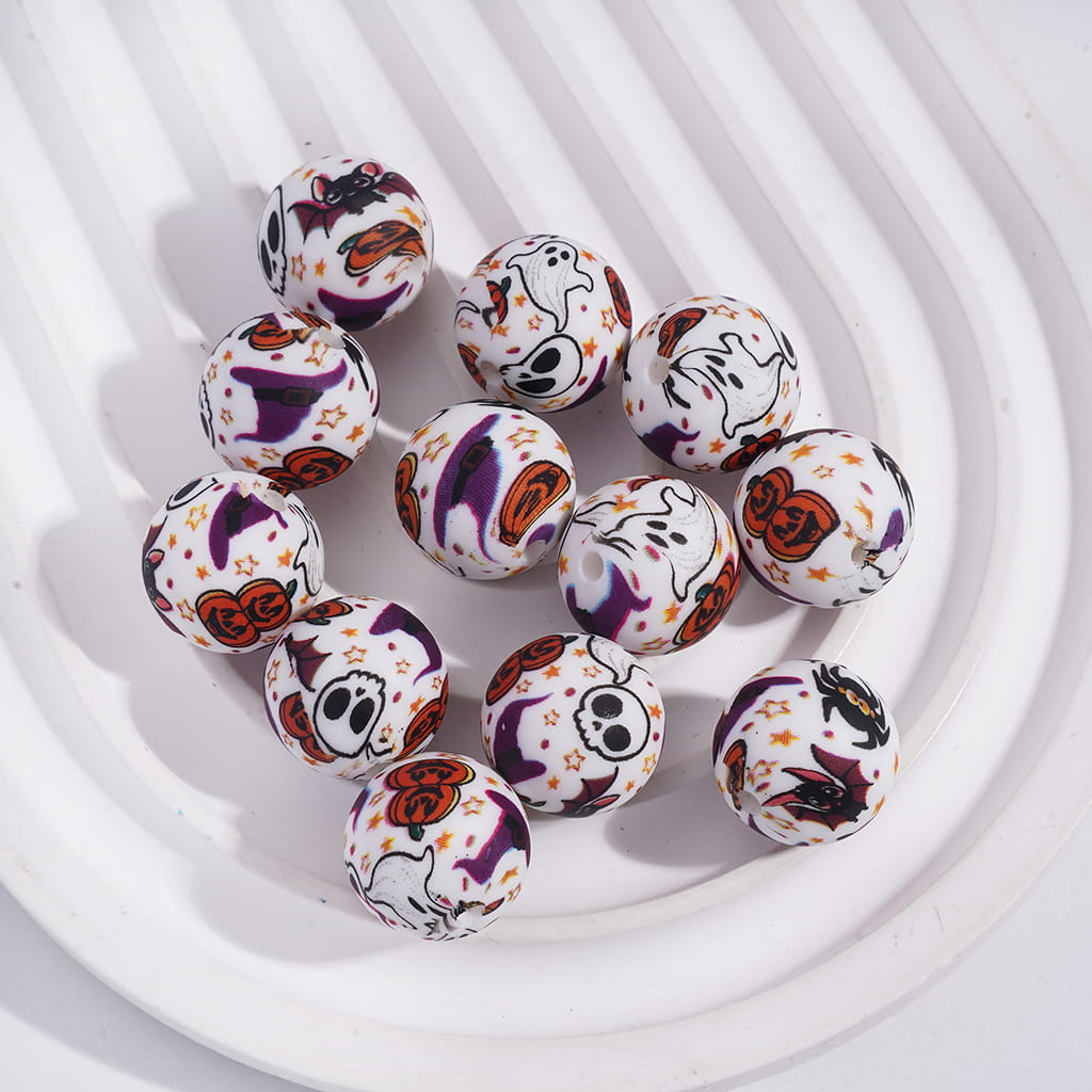Printed Silicone Round Beads with Skull Spider Pumpkin Bat Halloween Prints, 15MM