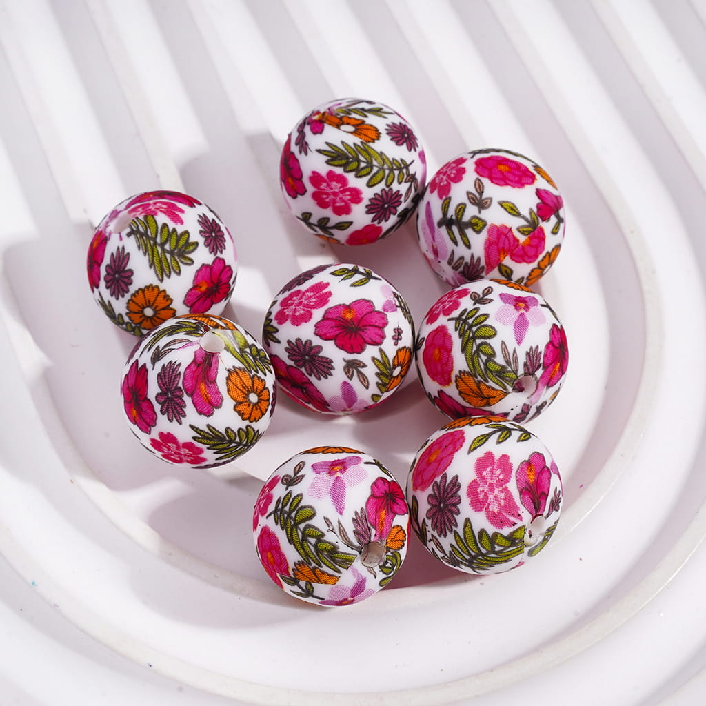 Printed Silicone Beads Round with Bright Colorful Flowers and Green Leaves Prints, 15MM