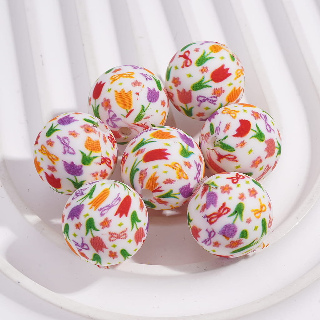 Printed Silicone Beads with Tulip Flowers and Bowknots Prints, 15MM