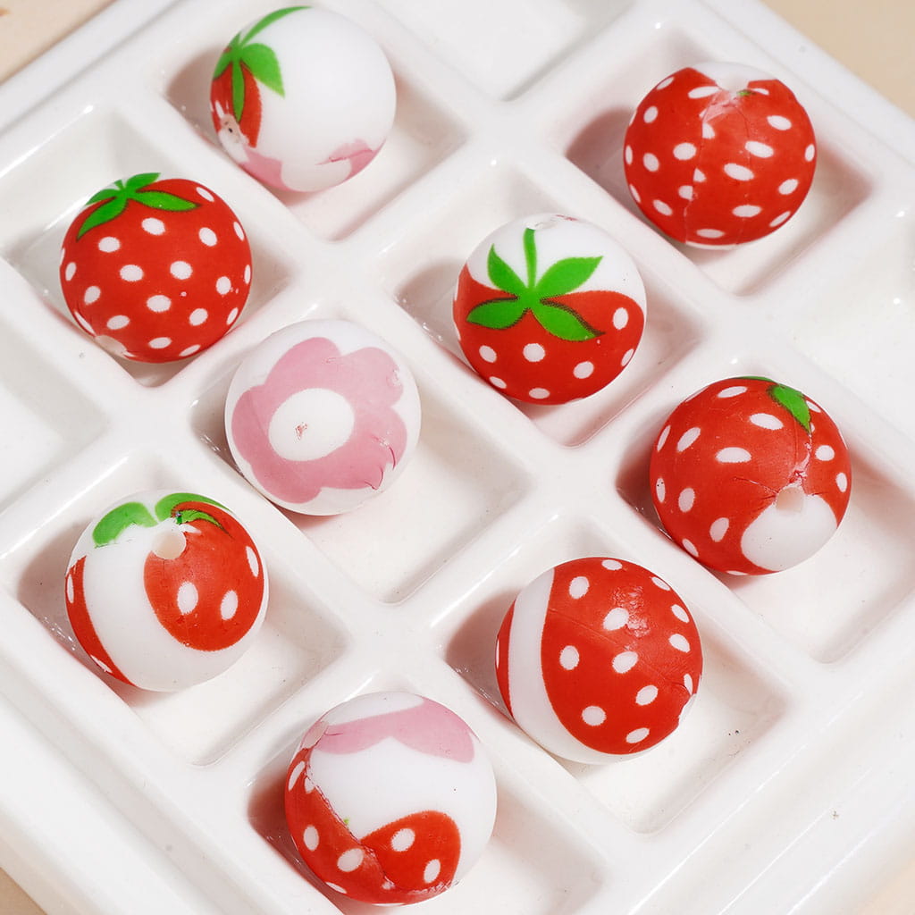 Printed Silicone Beads Soft Round with Strawberry and Flower Prints, 15MM
