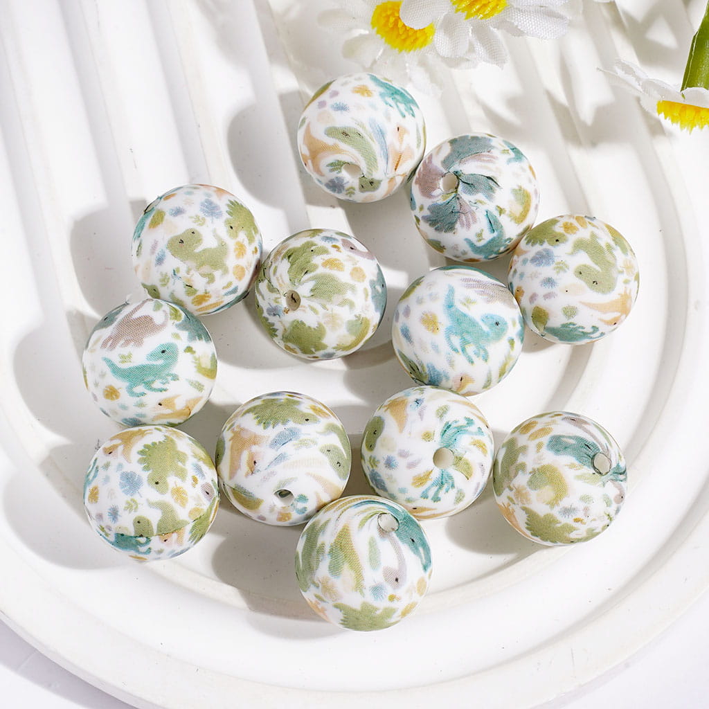 Printed Silicone Beads Soft Round with Dinosaurs Prints, 15MM