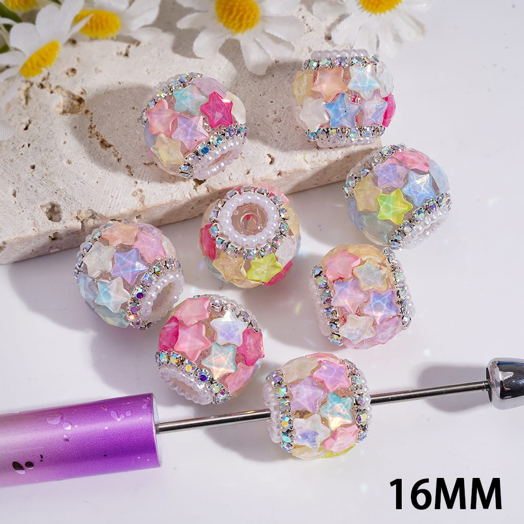 Acrylic Beads with Fantasy Iridescent Five-Pointed Star Rhinestones, AB Rhinestone and White Pearl Chains, 16MM, Random Mix
