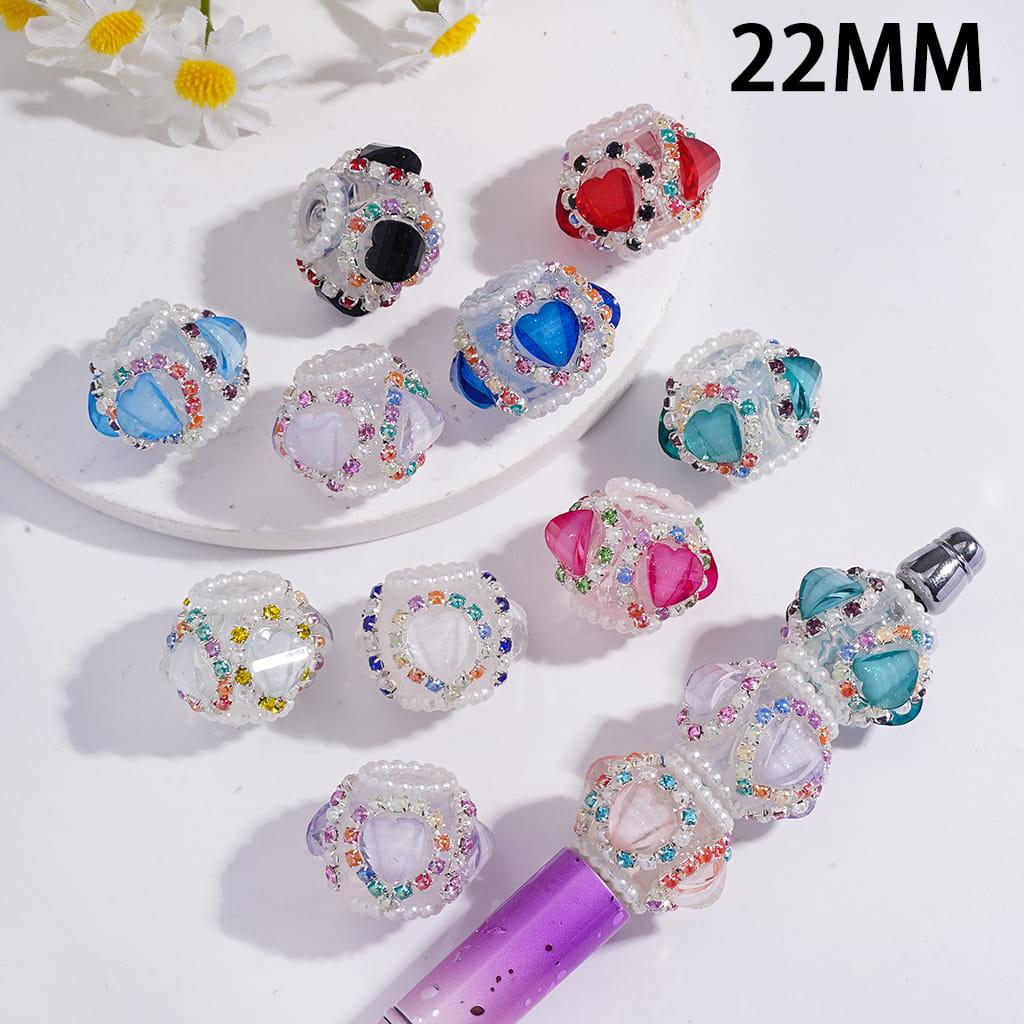 Acrylic Beads with Shiny Heart & Rhinestone Chains, White Pearl Chains, 22MM, Multi-Color, Random Mix
