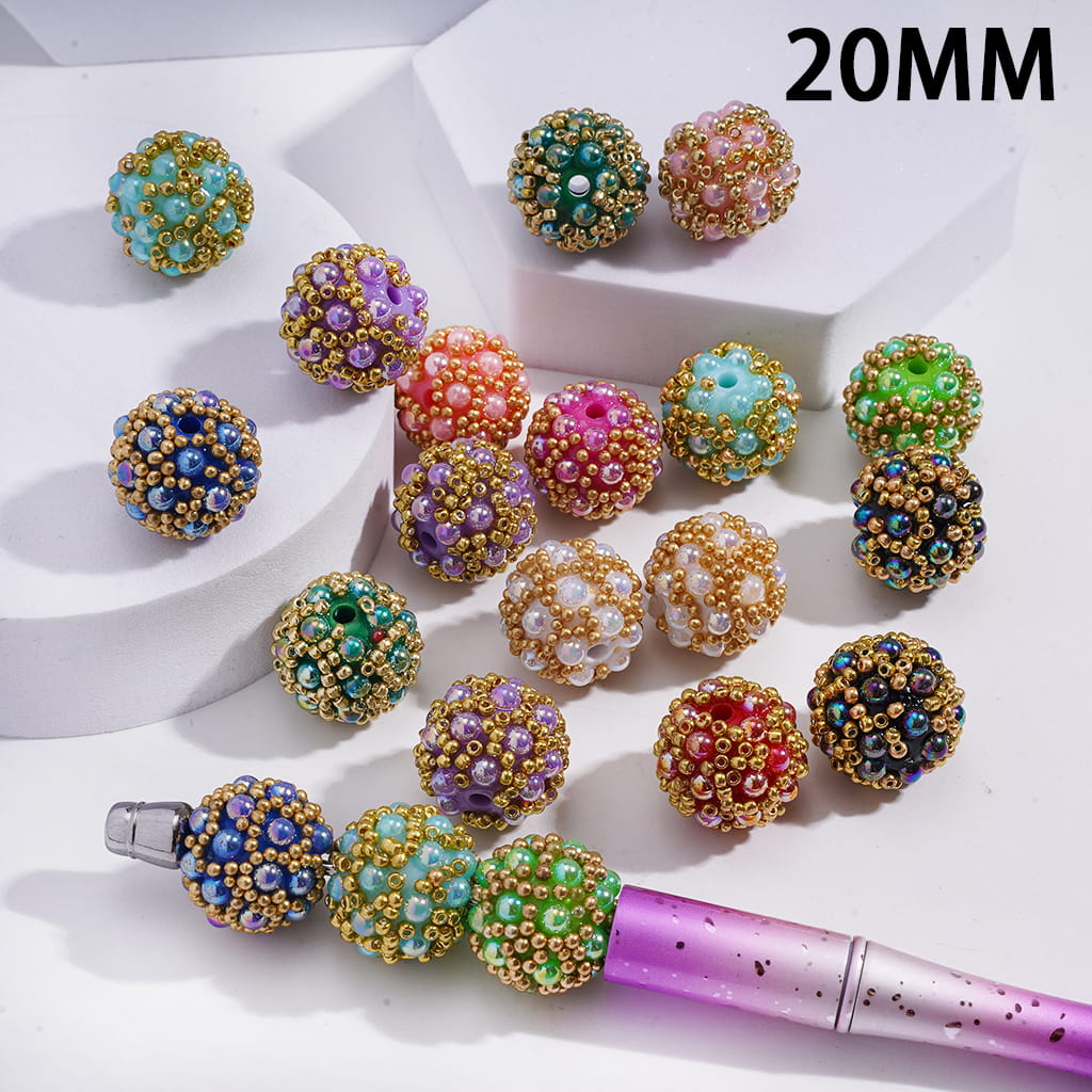 Acrylic Beads with Sparkling Flatback and Gold Pearls, 20MM, Multi-Color, Random Mix