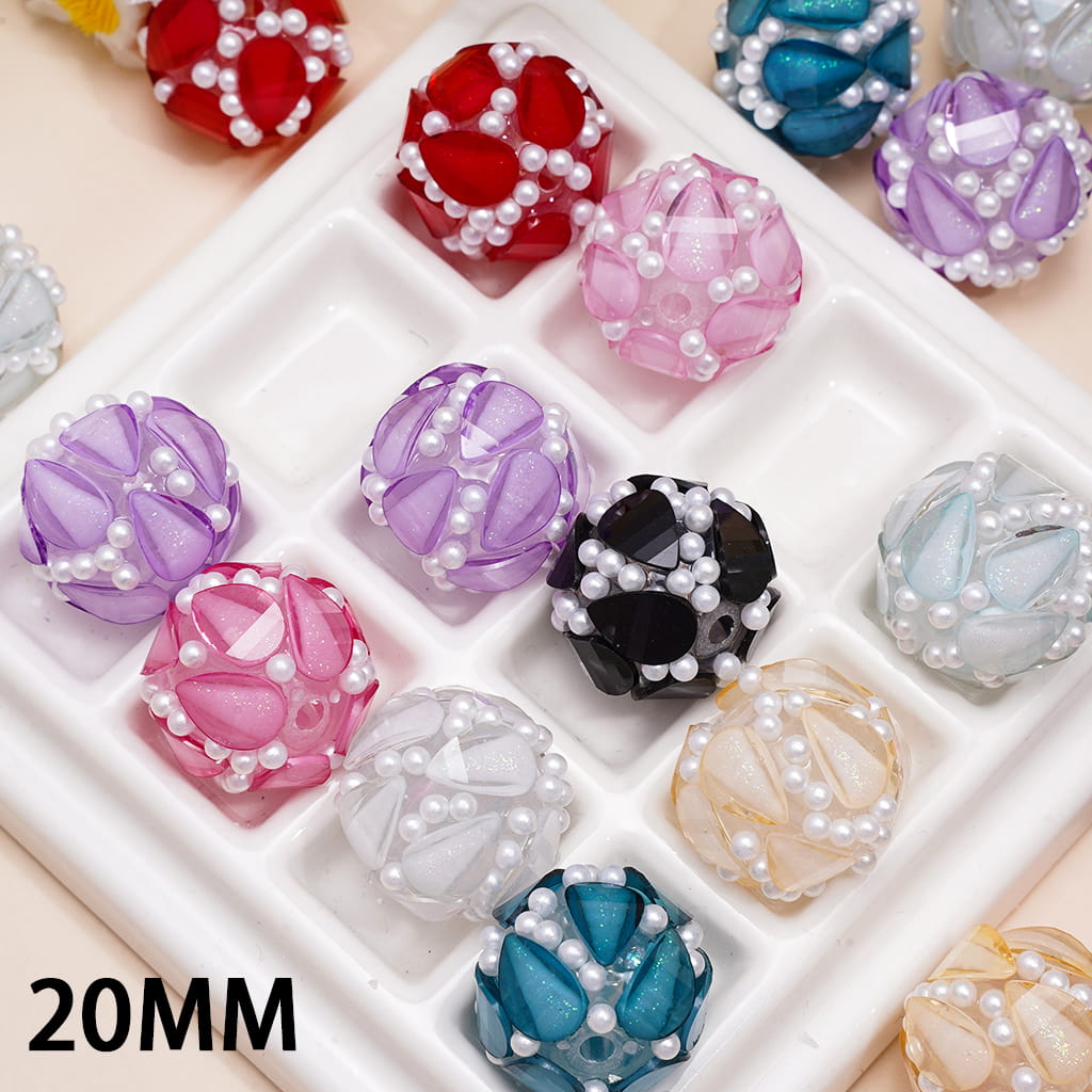 Handmade Acrylic Beads with Glittery Water Drop Rhinestones and White Pearls, 20MM, Assorted Colors