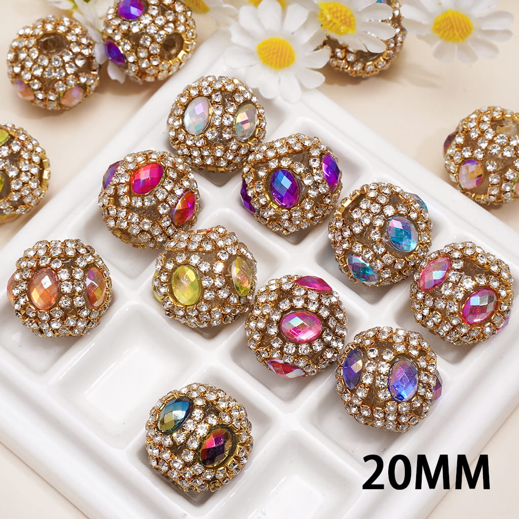 Hand-Made Acrylic Beads with Shiny Oval Rhinestones, Gold Alloy Chains with Clear Rhinestones, 20MM, Random Mix