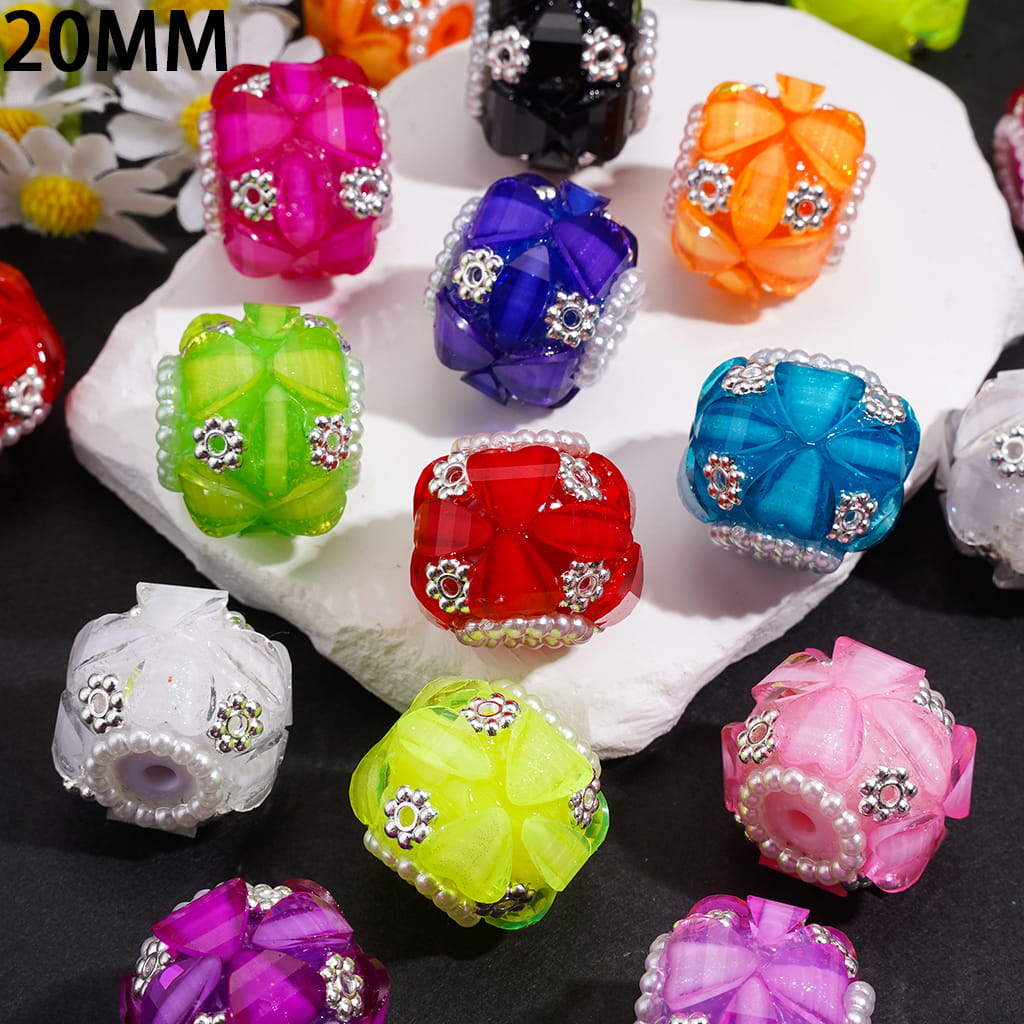 Hand-Made Acrylic Beads with Shiny Heart & Leaf Shaped Rhinestones, Silver Metal Flowers & White Pearl Chains, Neon, 20MM, Random Mix