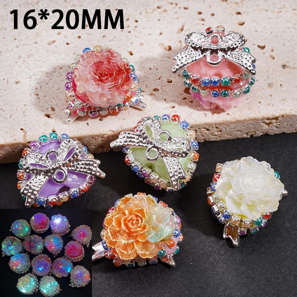 Handcrafted Acrylic Beads Flat Heart Shape w Luminous Peony Flowers & Silver Metal Bowtie, Colorful Chains, 16*20MM, Random Mix