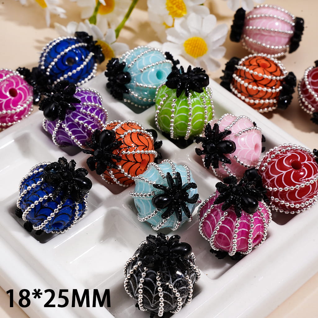 Handcrafted Halloween Acrylic Beads with Spider Web Texture & Black Spider on Both Side, Silver Alloy Chains, 18*25MM, Random Mix