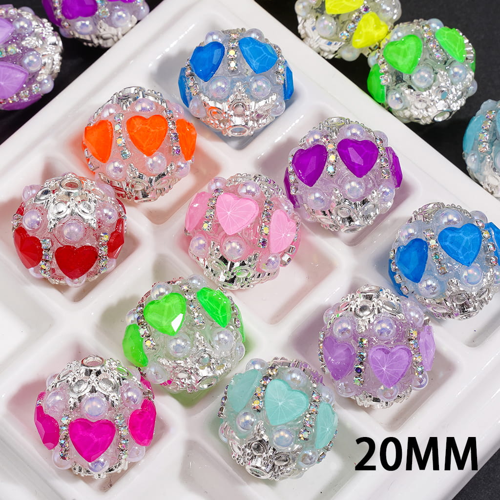 Handmade Acrylic Beads w Silver Alloy Six Pointed Flowers on Both Base Sides, UV Coated Half Faced Pearls & Heart & AB Rhinestone Chains, Neon, 20MM, Random Mix