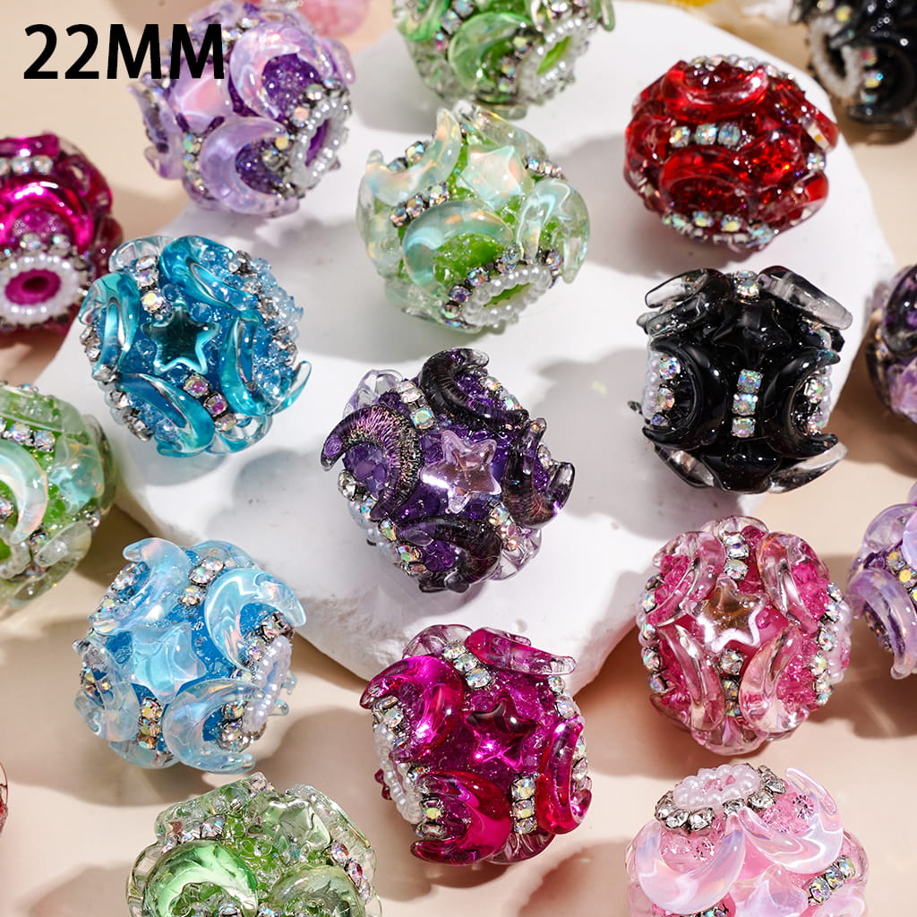 Handmade Acrylic Sugar Beads w Crescent Moon & Stars, White Pearl & Clear & AB Rhinestones, 22MM, Random Mix