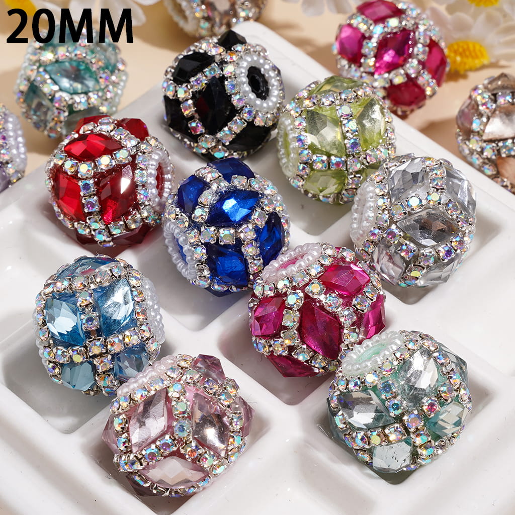 Hand-Made Acrylic Beads w Rhombus Shaped Rhinestones & AB Rhinestone Chain & Pearl Trim, 20MM, Random Mix