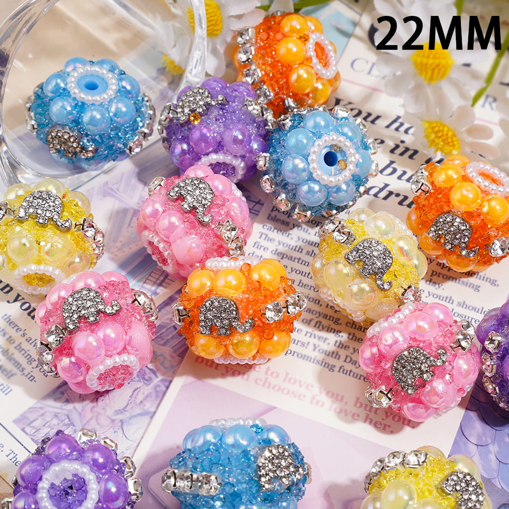 Hand-Made Sugar Acrylic Beads w Elephant, Clear Rhinestones & UV Coated Half-Pearl, White Pearl Chain, 22MM, Random Mix