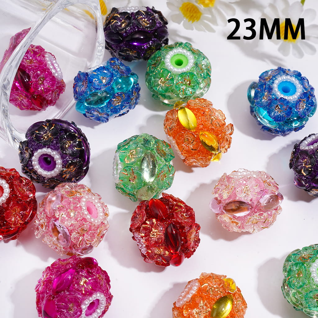 Hand-Made Sugar Acrylic Beads w Gold Foil Flower & White Pearl Chain, 23MM, Random Mix