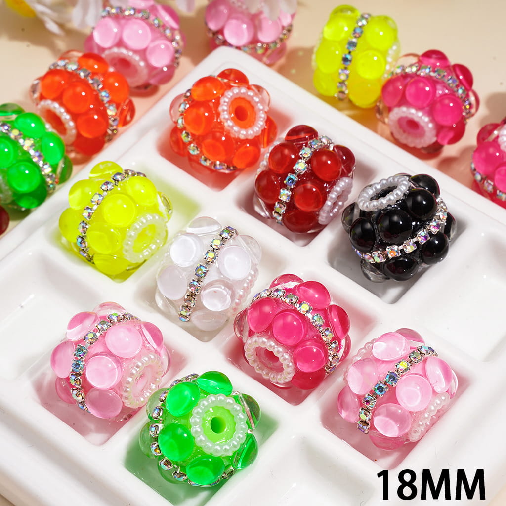 Hand-Made Acrylic Beads w Half-Round Fluorescent, AB Rhinestone & White Pearl Chains, Random Mix