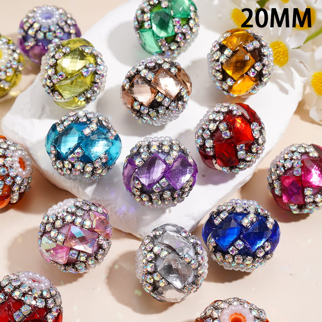 Hand-Made Acrylic Beads w Rhombus Crystal, AB Rhinestone Chain & White Pearl Ring, 20MM, Random Mix