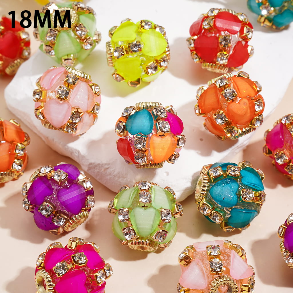 Hand-Made Acrylic Beads w Fluorescent Heart Shape Crystal, Clear Rhinestone Chain & Gold Metal Setting, 18MM Random Mix