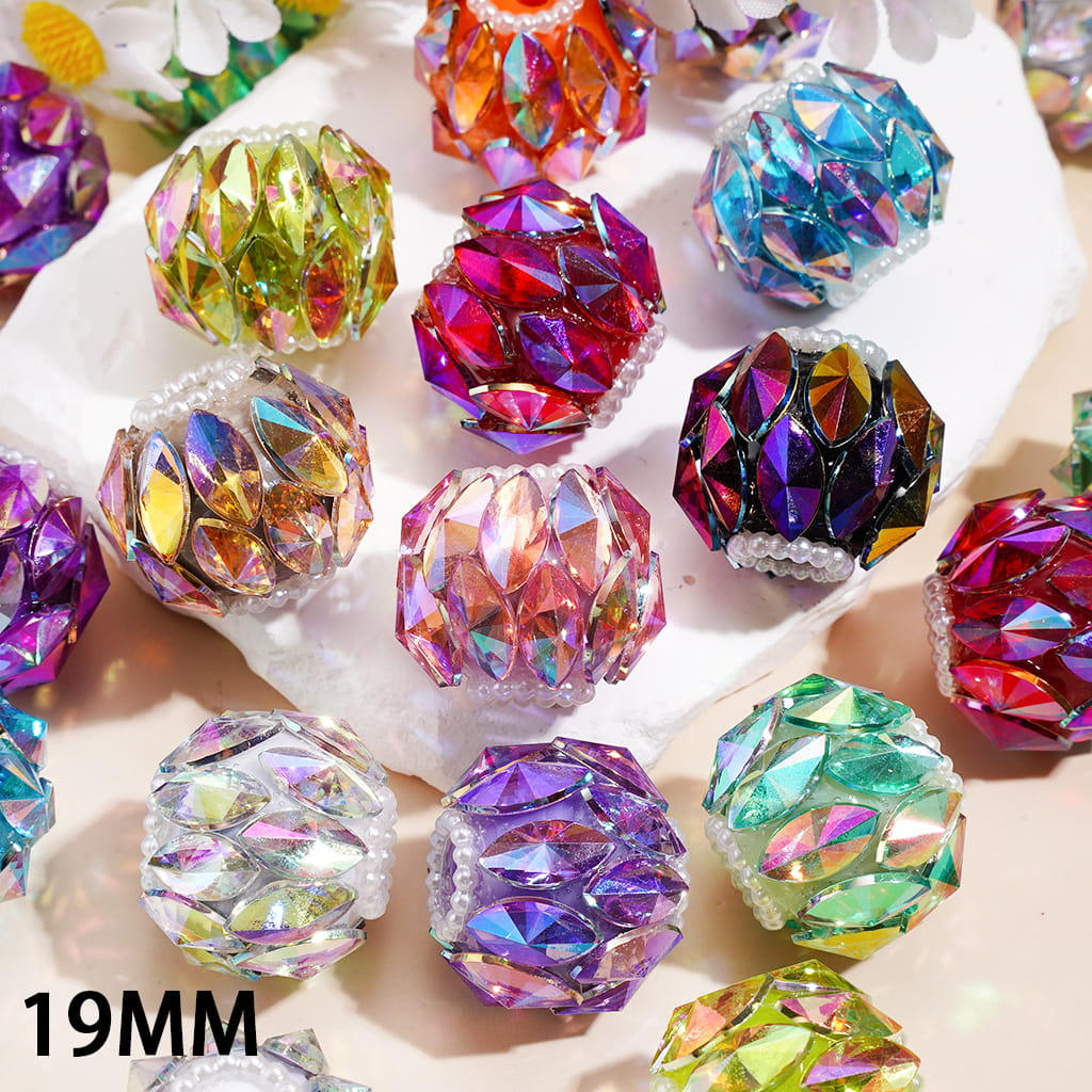 Handcrafted Acrylic Beads with Dazzling Marquise Cut Rhinestones, White Pearl Chains, 19MM, Random Mix