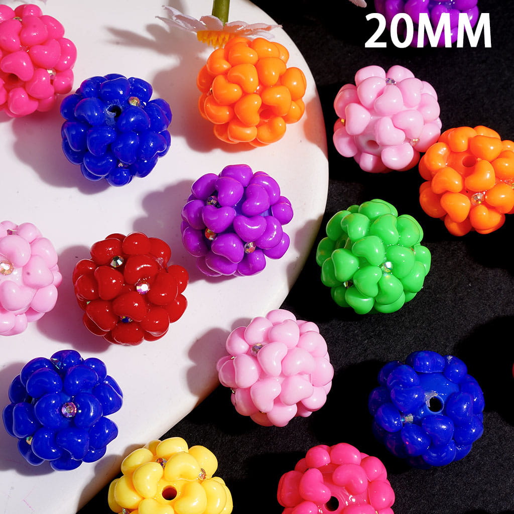 Hand-Made Acrylic Beads with Heart and AB Rhinestones, 20MM, Fluorescent Colors, Random Mix