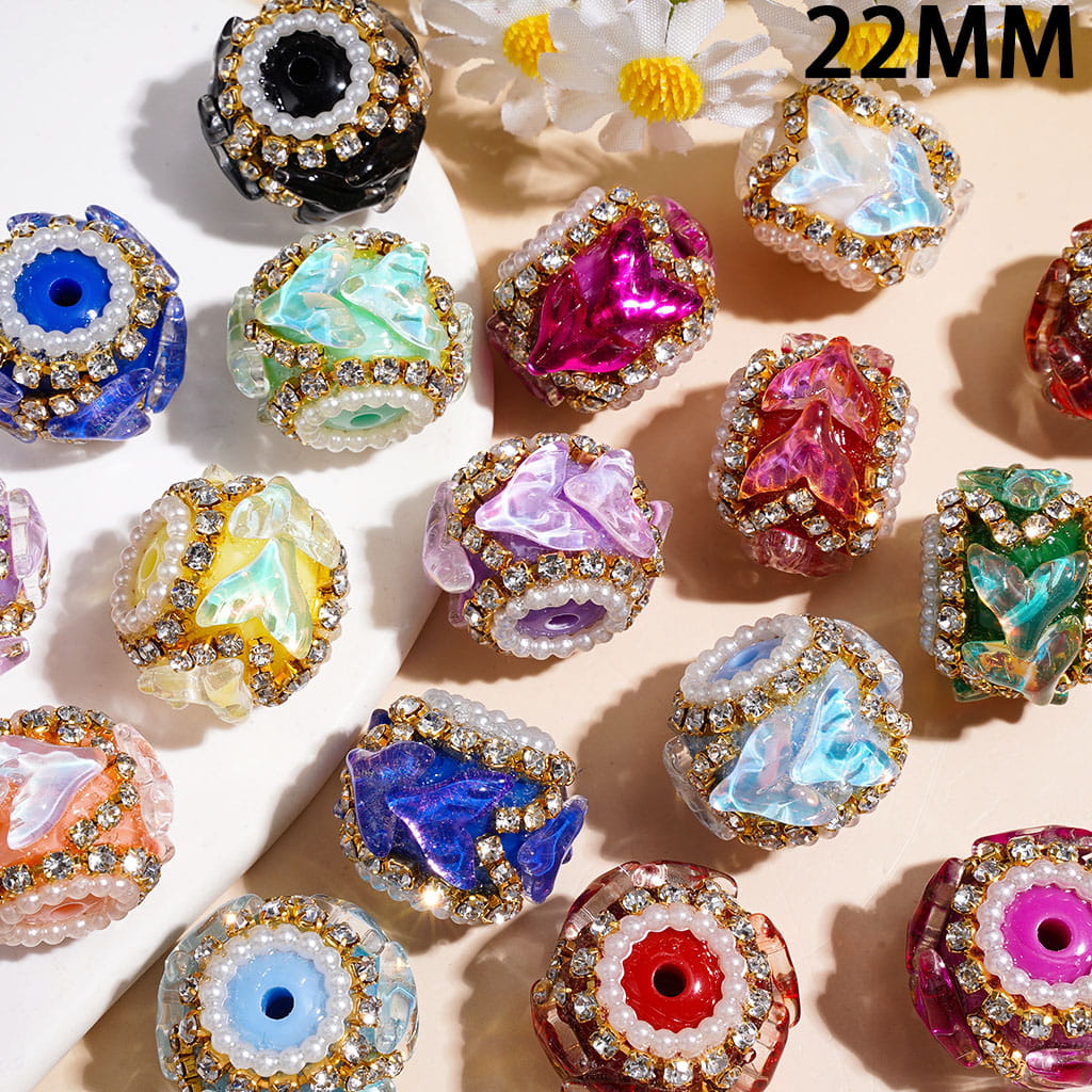 Handmade Acrylic Beads Fishtail Shaped Rhinestones, White Pearl & Metal Chains with Clear Rhinestone, 22MM Multi-Color Random Mix