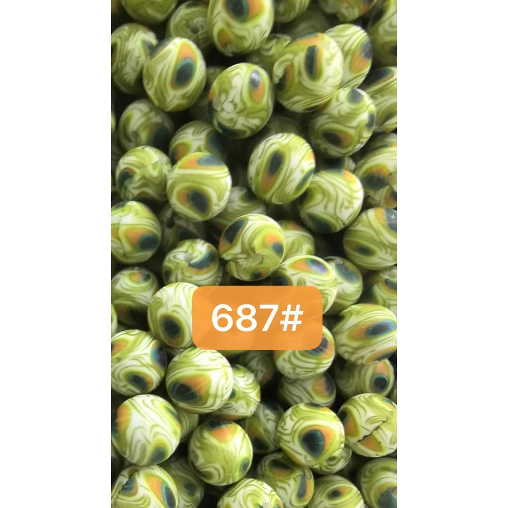 Green Peacock Round Printed Silicone Beads, 15mm, Number 687