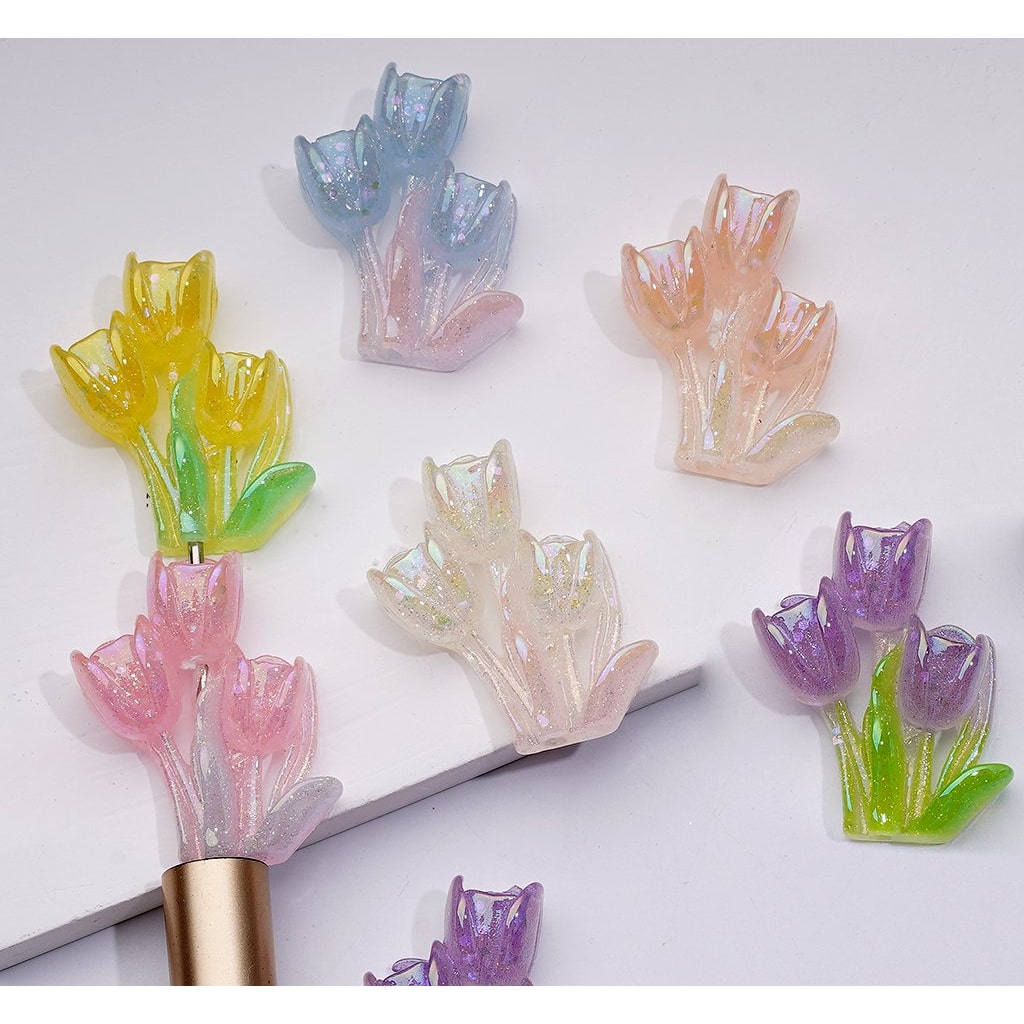 Mini Cute Glitter Shiny Tulip Flowers Acrylic Beads, Around 36*25MM, Random Mix