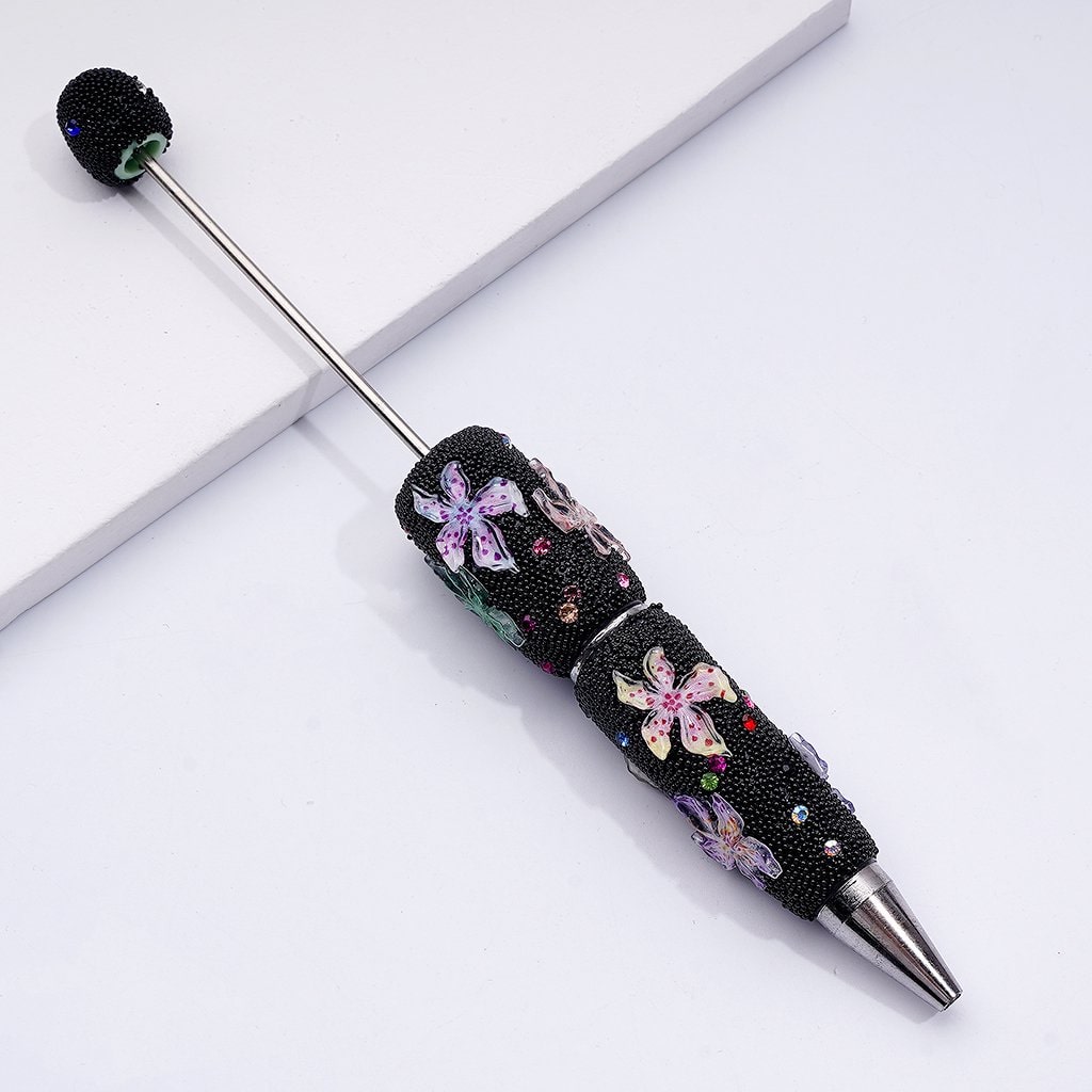 Beadable Clay Pens with Cute Flowers Colorful Shiny Rhinestones Mini Black Snow Balls