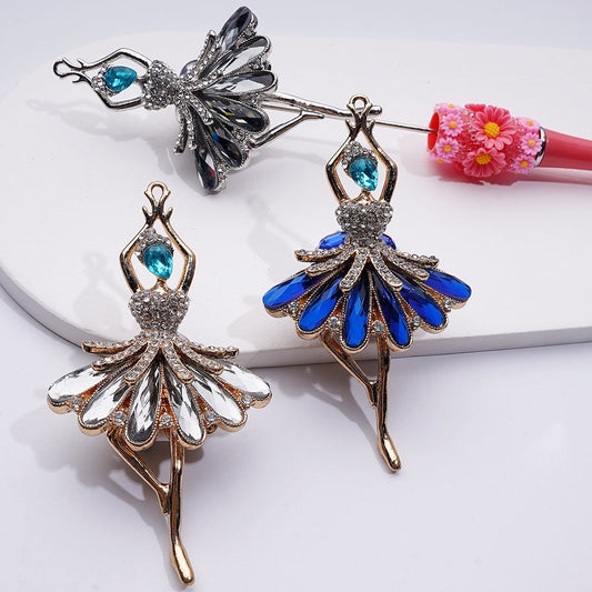 Exquisite Fancy Gold Silver Alloy Dancer Ballerina with Shiny Rhinestones Cute Hearts Butterflies Flowers Clay Beads, Around 86*48MM