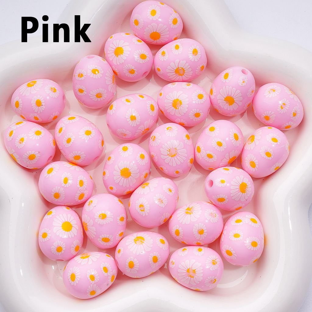 Mini Cute Multi-Color Daisy Flowers Prints Oval Egg Shape Acrylic Beads, Around 20*16MM