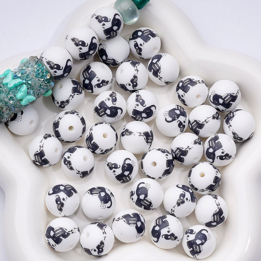 Black Cute Elephants White Printed Silicone Beads 15MM, Number Z-00238