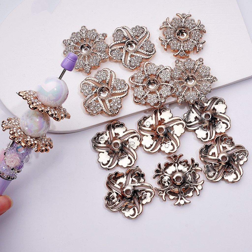 Gold Acrylic Exquisite Flower with Clear Rhinestones Jewelry Accessories Spacer, Around 35MM, Random Mix